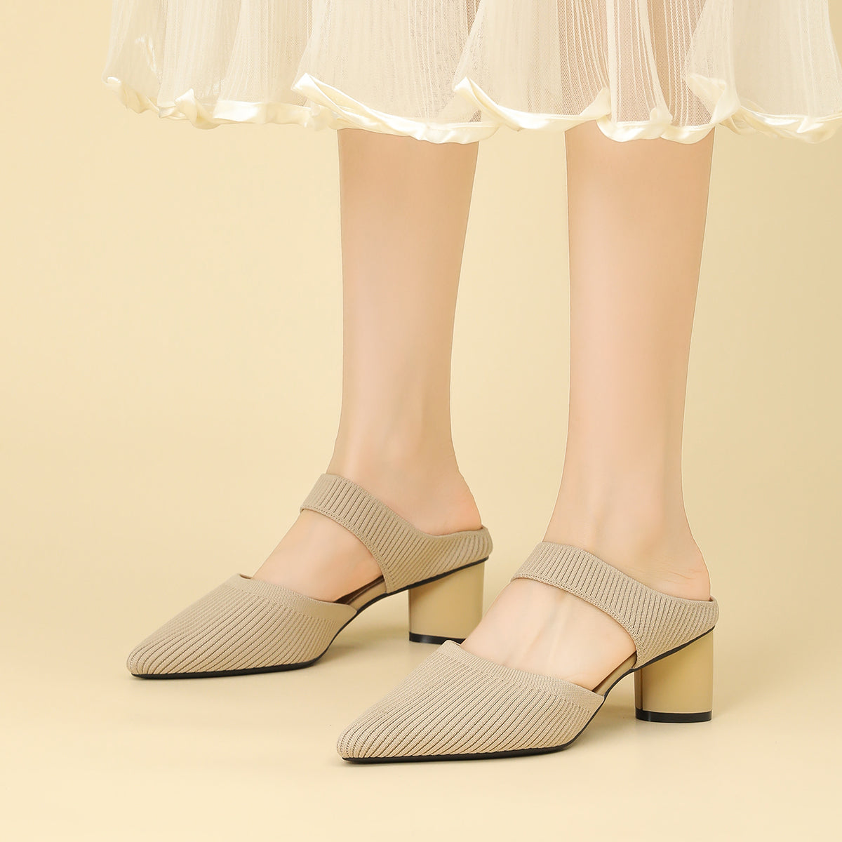 バックレス ワイドストラップ ポインテッドトゥ チャンキーヒール サンダル