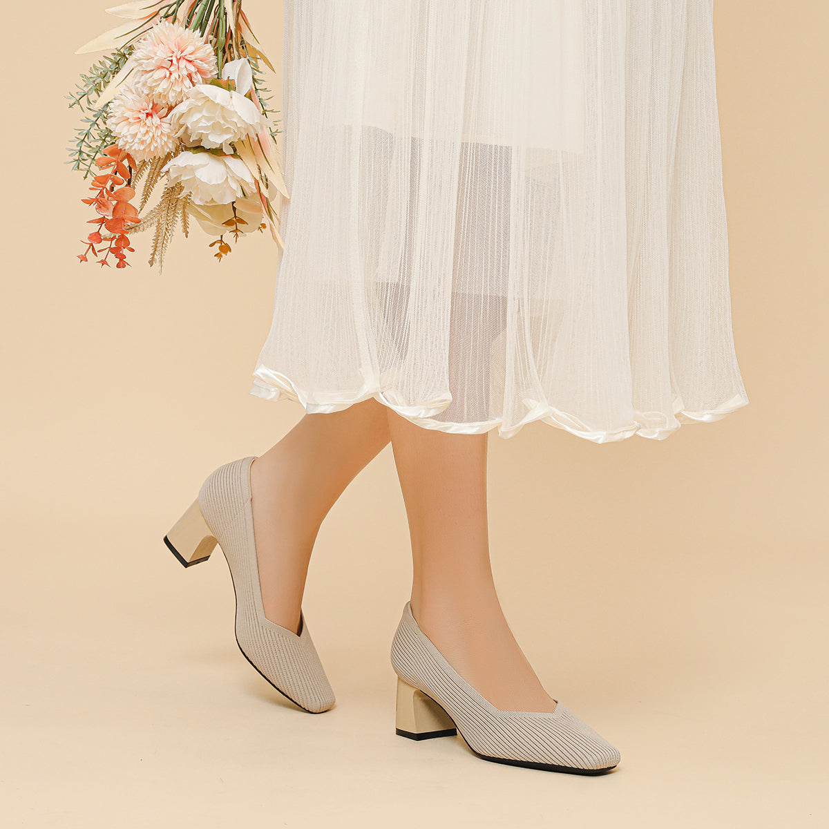 スクエアトゥVカット粗ヒールパンプス(6cmハイヒール)