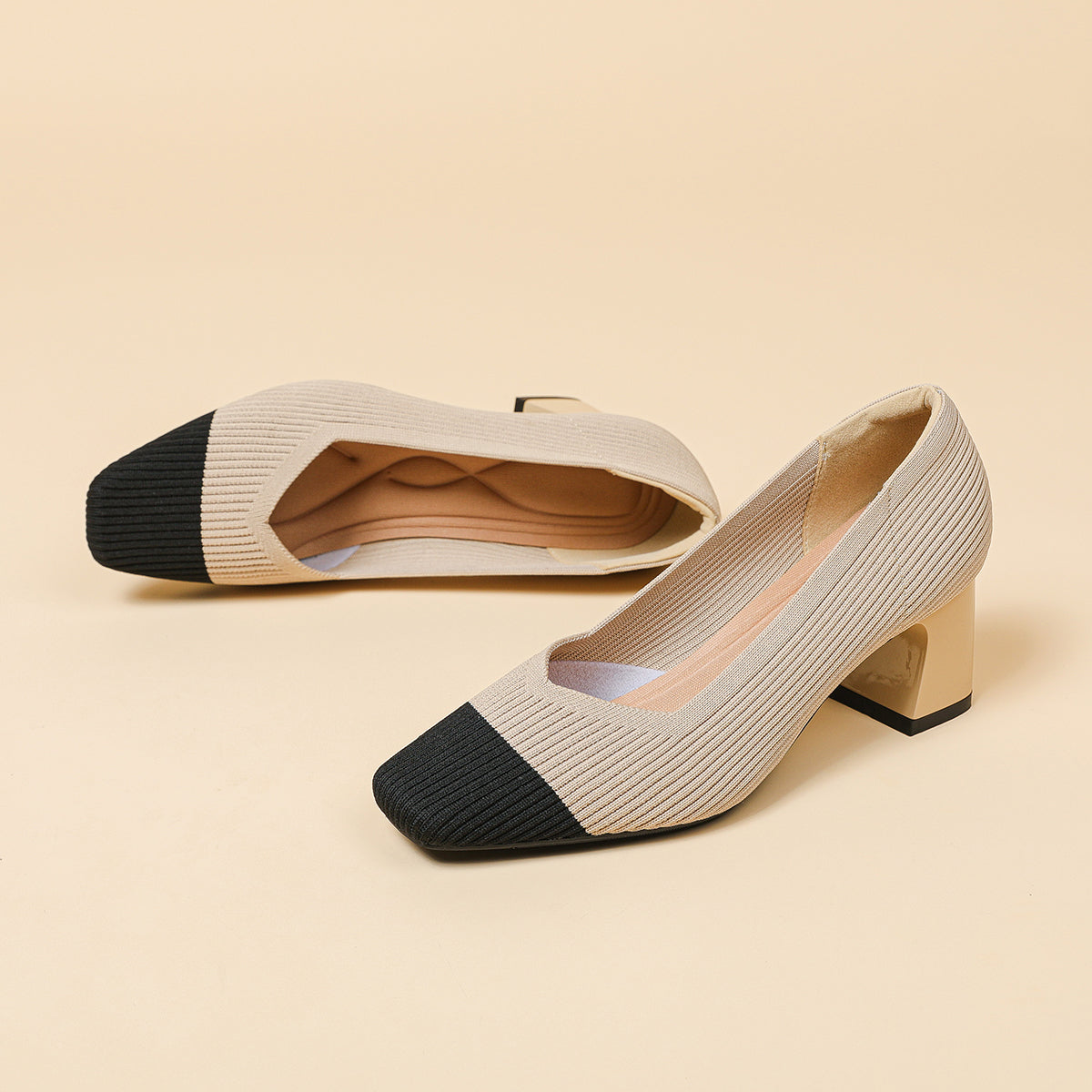 スクエアトゥVカット粗ヒールパンプス(6cmハイヒール)