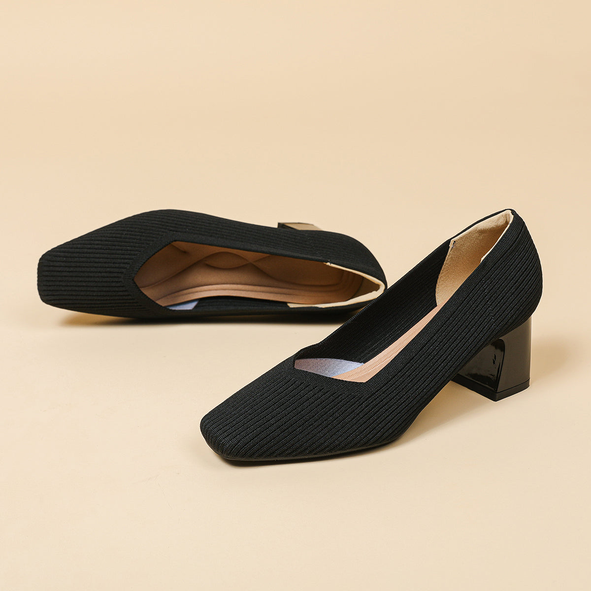 スクエアトゥVカット粗ヒールパンプス(6cmハイヒール)