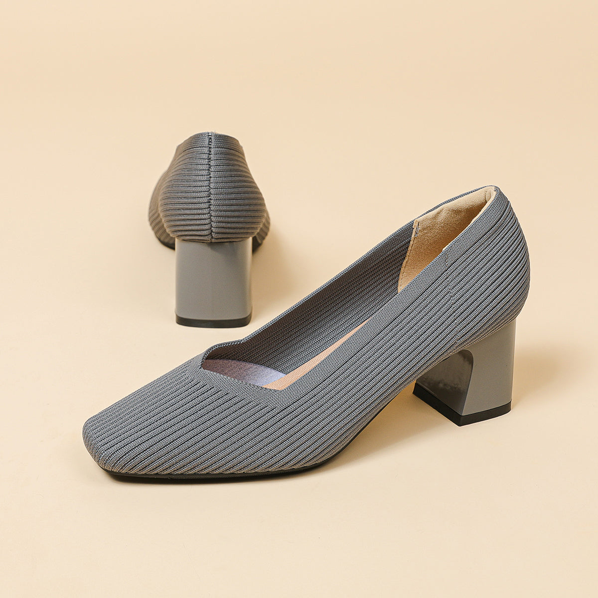 スクエアトゥVカット粗ヒールパンプス(6cmハイヒール)