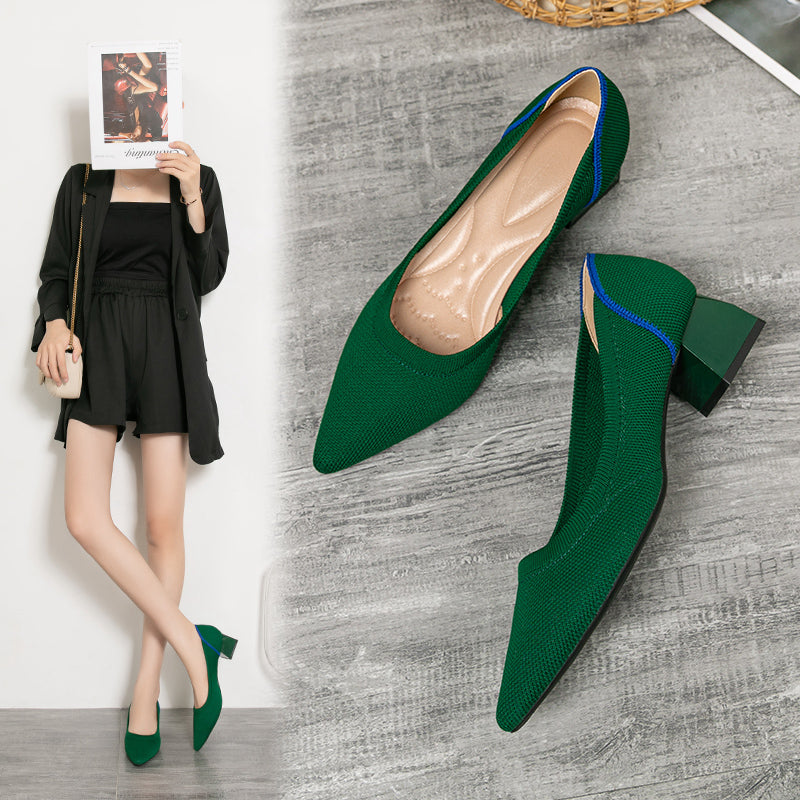 尖ったトゥの浅口粗ヒールカジュアルパンプス(中ヒール4cm)