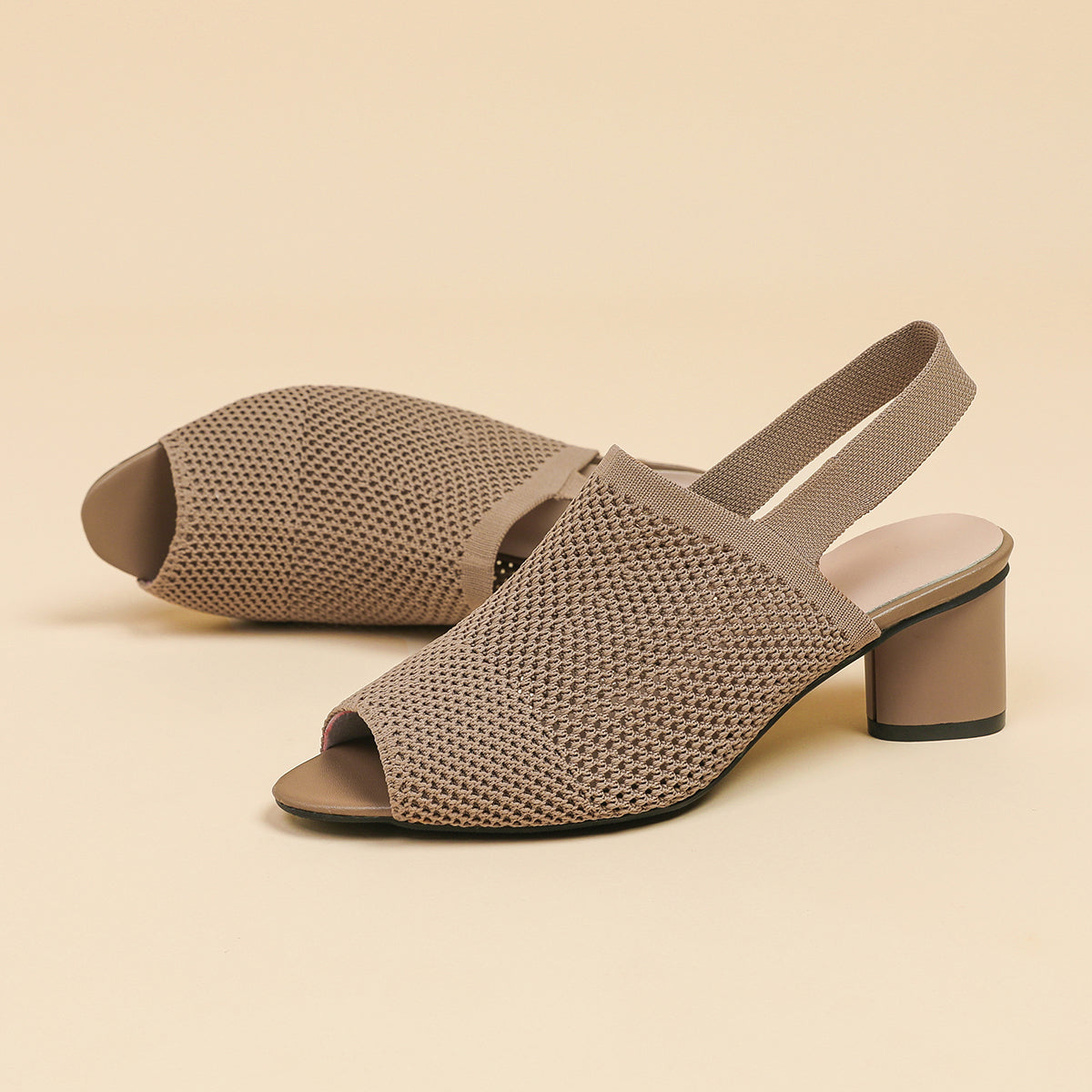 オープントゥ メッシュ チャンキーヒール サンダル