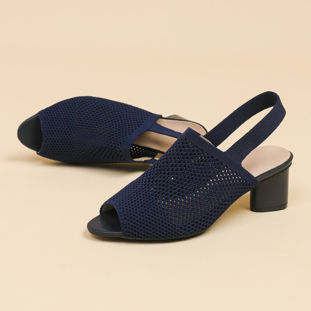 オープントゥ メッシュ チャンキーヒール サンダル