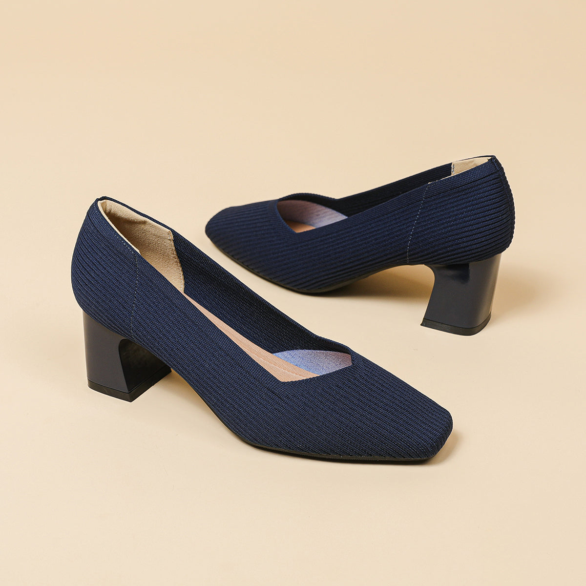 スクエアトゥVカット粗ヒールパンプス(6cmハイヒール)