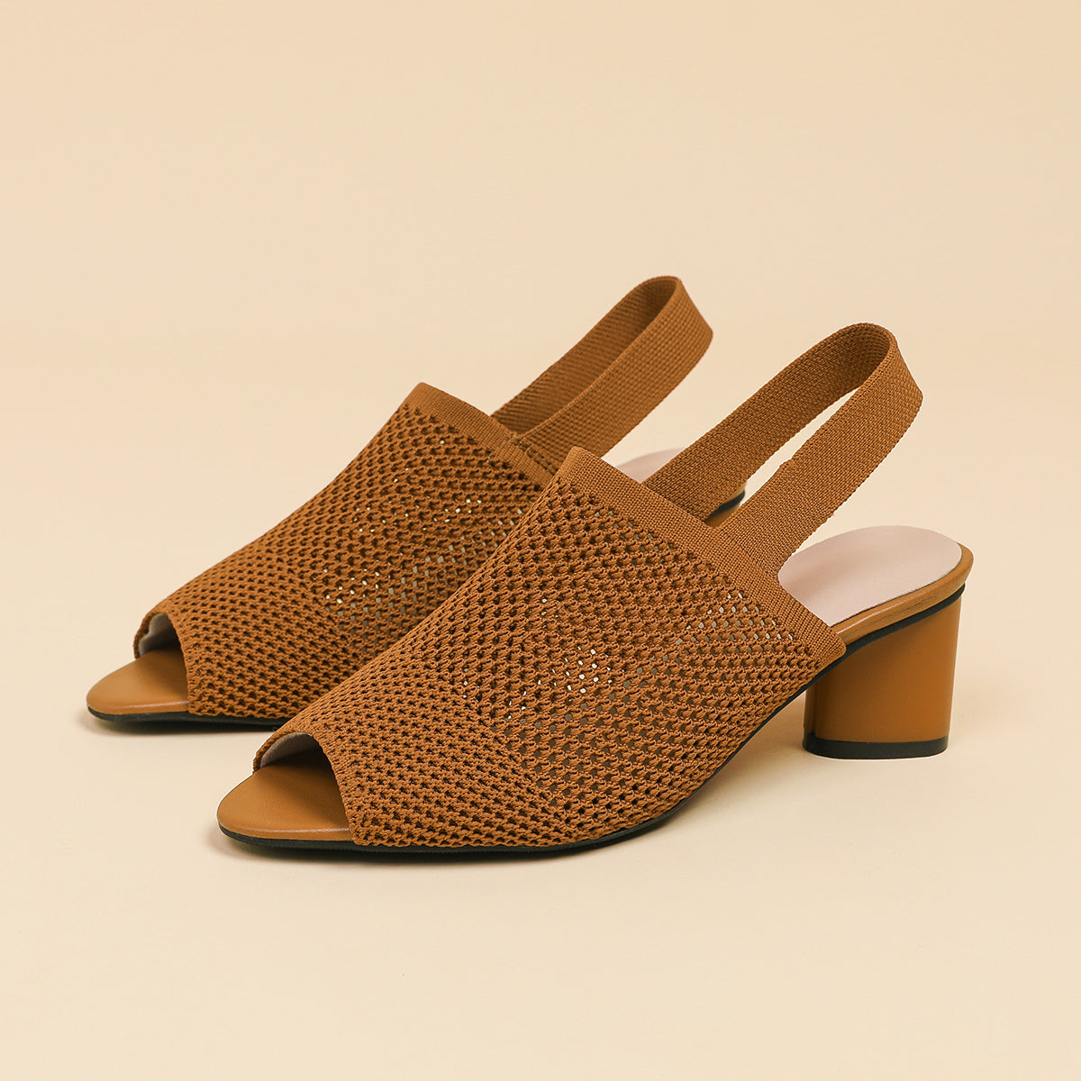 オープントゥ メッシュ チャンキーヒール サンダル