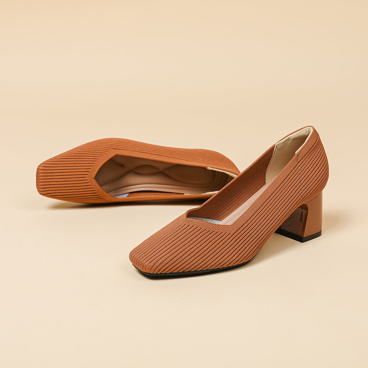 スクエアトゥVカット粗ヒールパンプス(6cmハイヒール)