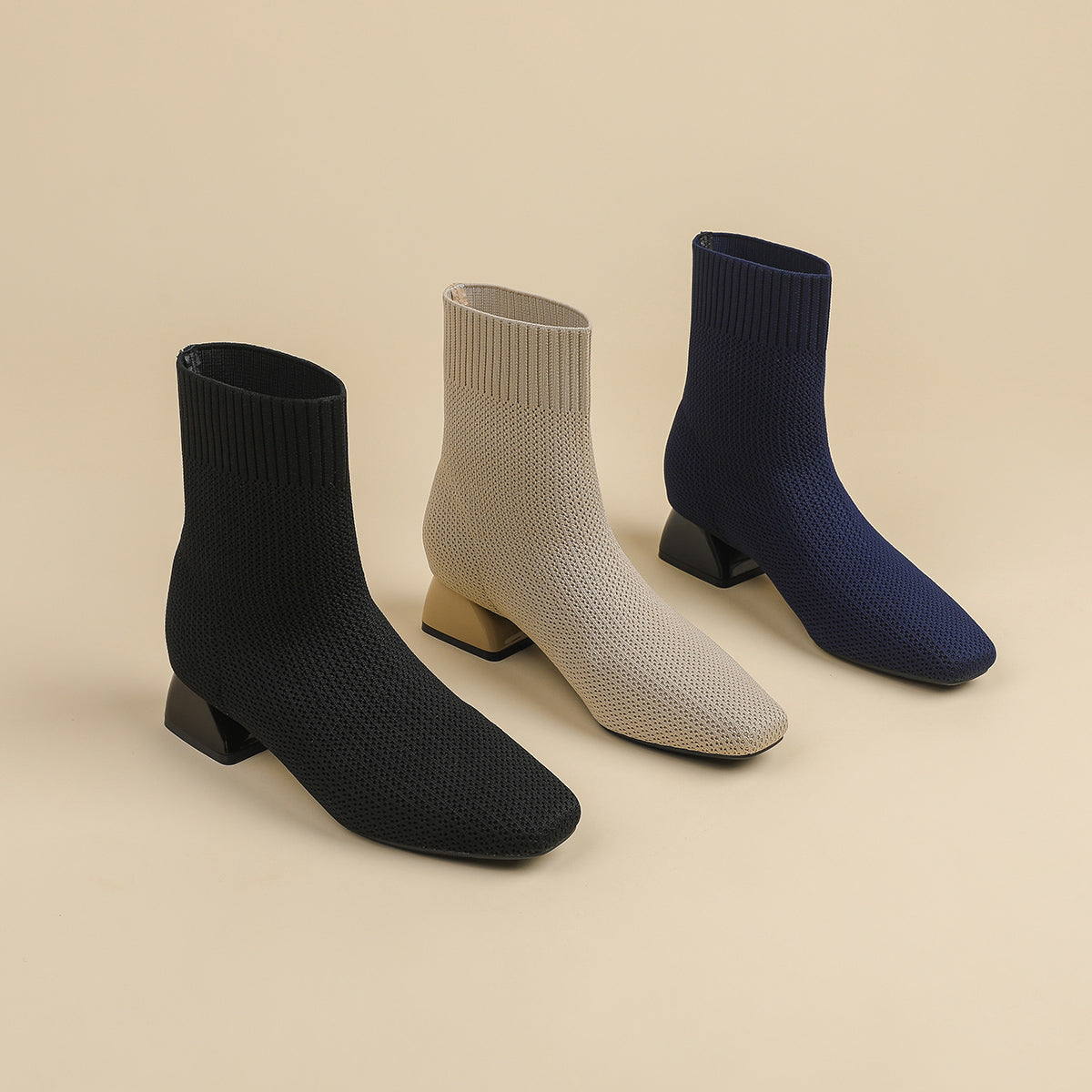 スクエアトゥ通気性ファブリック3cmヒールショートブーツ