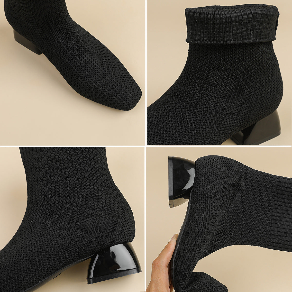 スクエアトゥ通気性ファブリック3cmヒールショートブーツ