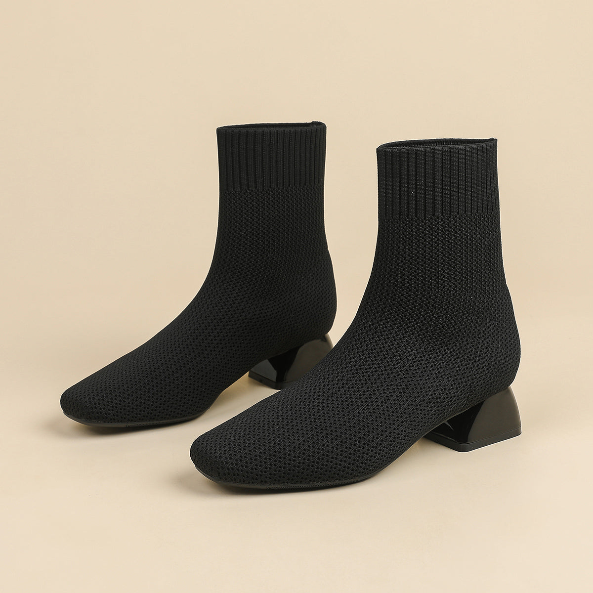 スクエアトゥ通気性ファブリック3cmヒールショートブーツ