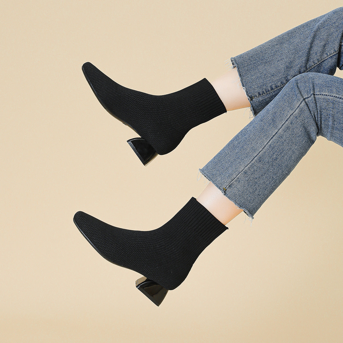 スクエアトゥ通気性ファブリック3cmヒールショートブーツ