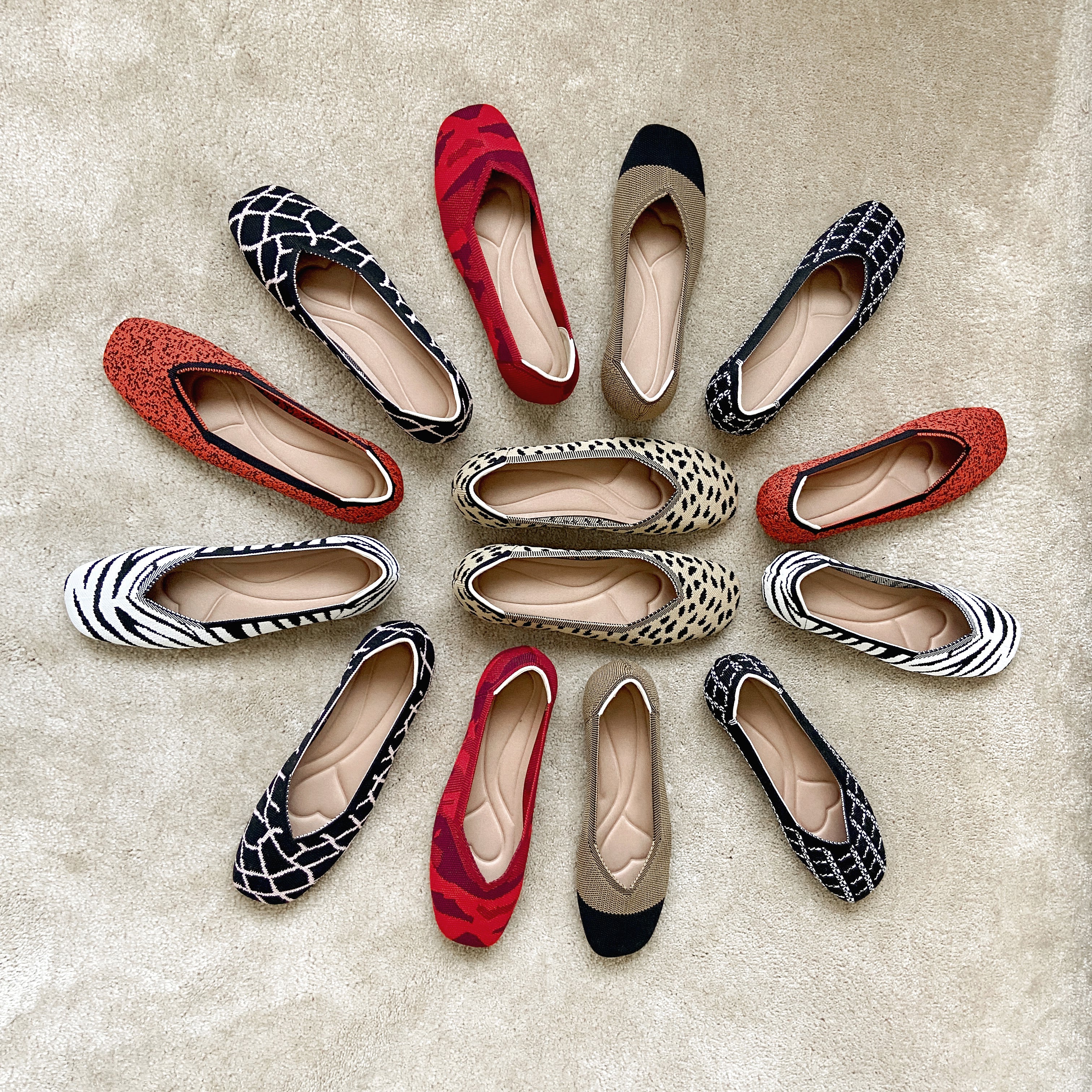 スクエアトゥ フラットシューズ 3Dニット カジュアルシューズ