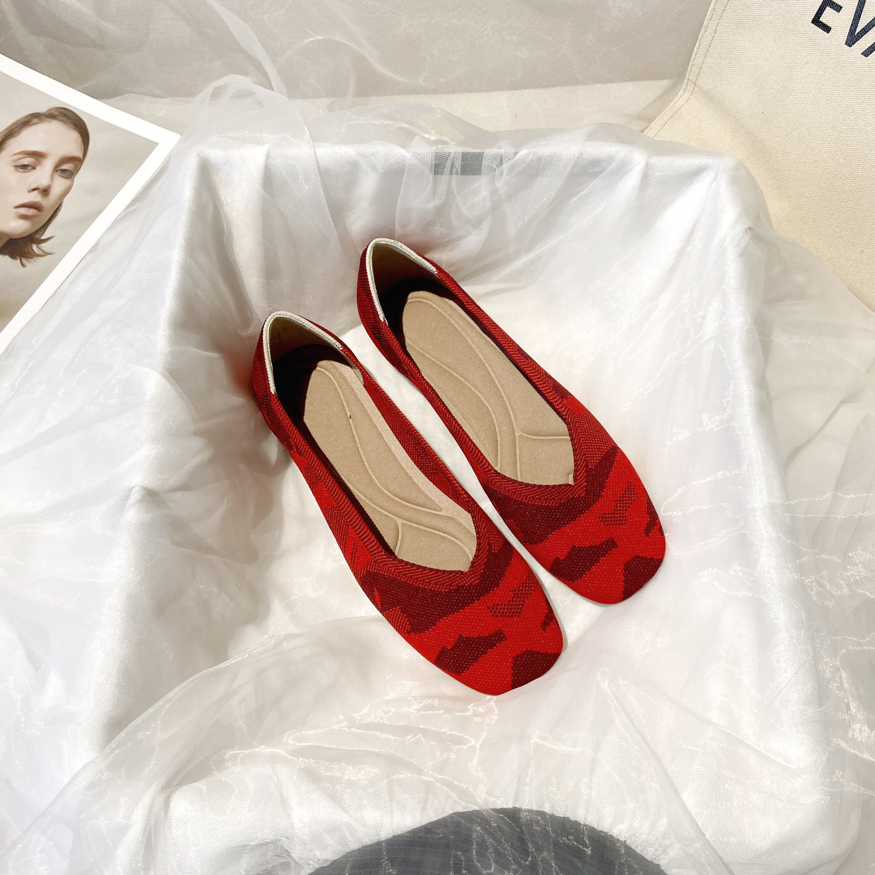 スクエアトゥ フラットシューズ 3Dニット カジュアルシューズ