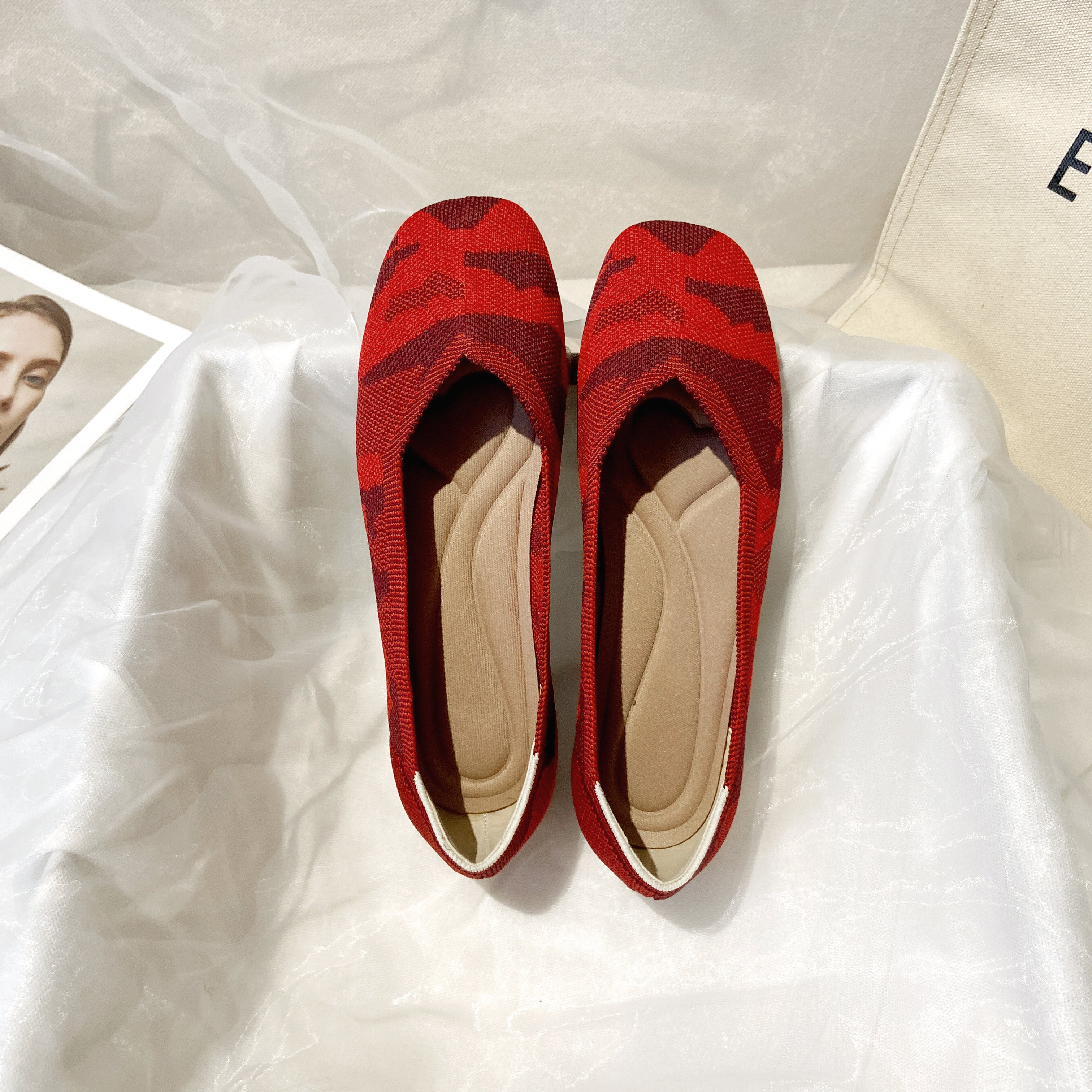 スクエアトゥ フラットシューズ 3Dニット カジュアルシューズ