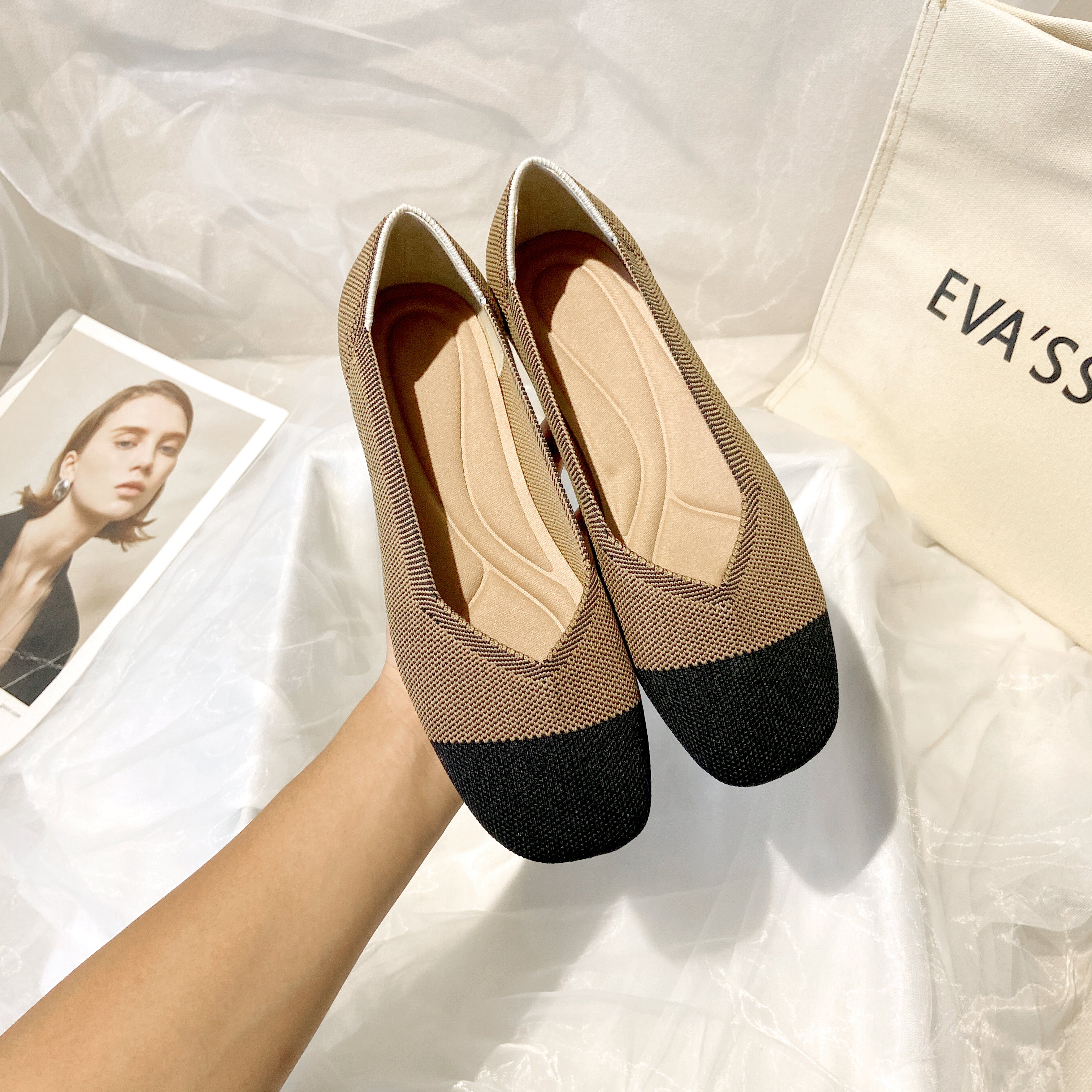 スクエアトゥ フラットシューズ 3Dニット カジュアルシューズ