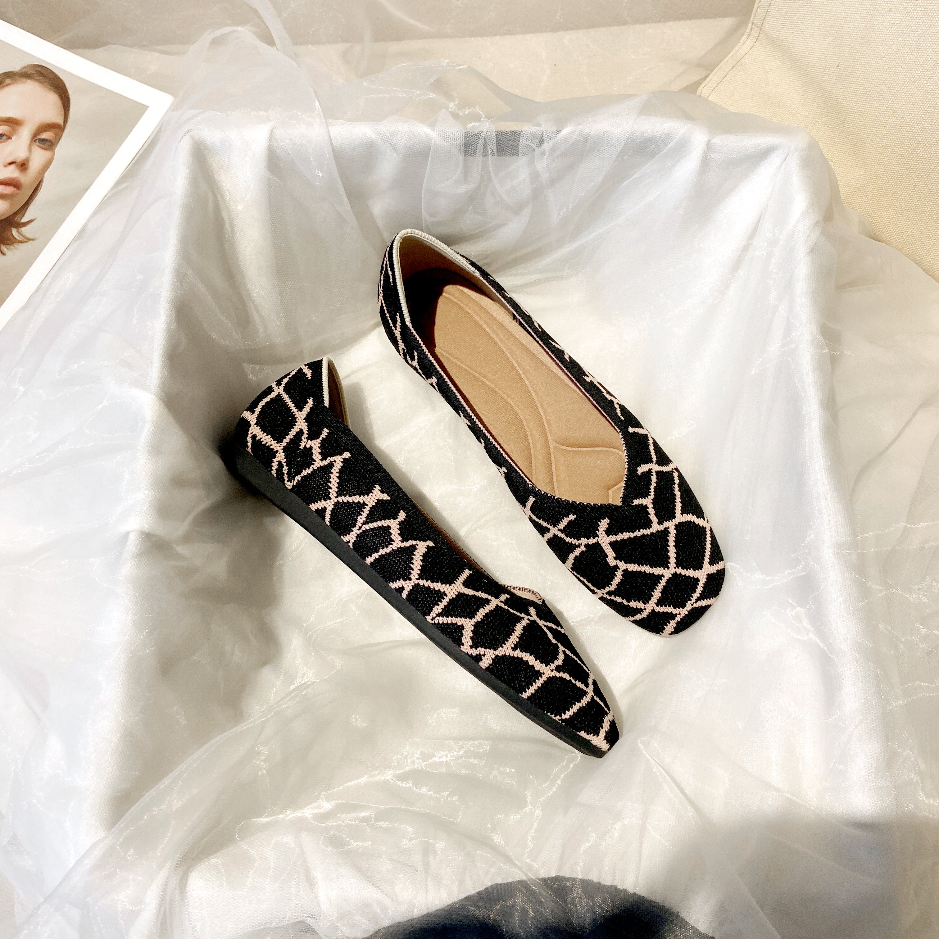 スクエアトゥ フラットシューズ 3Dニット カジュアルシューズ