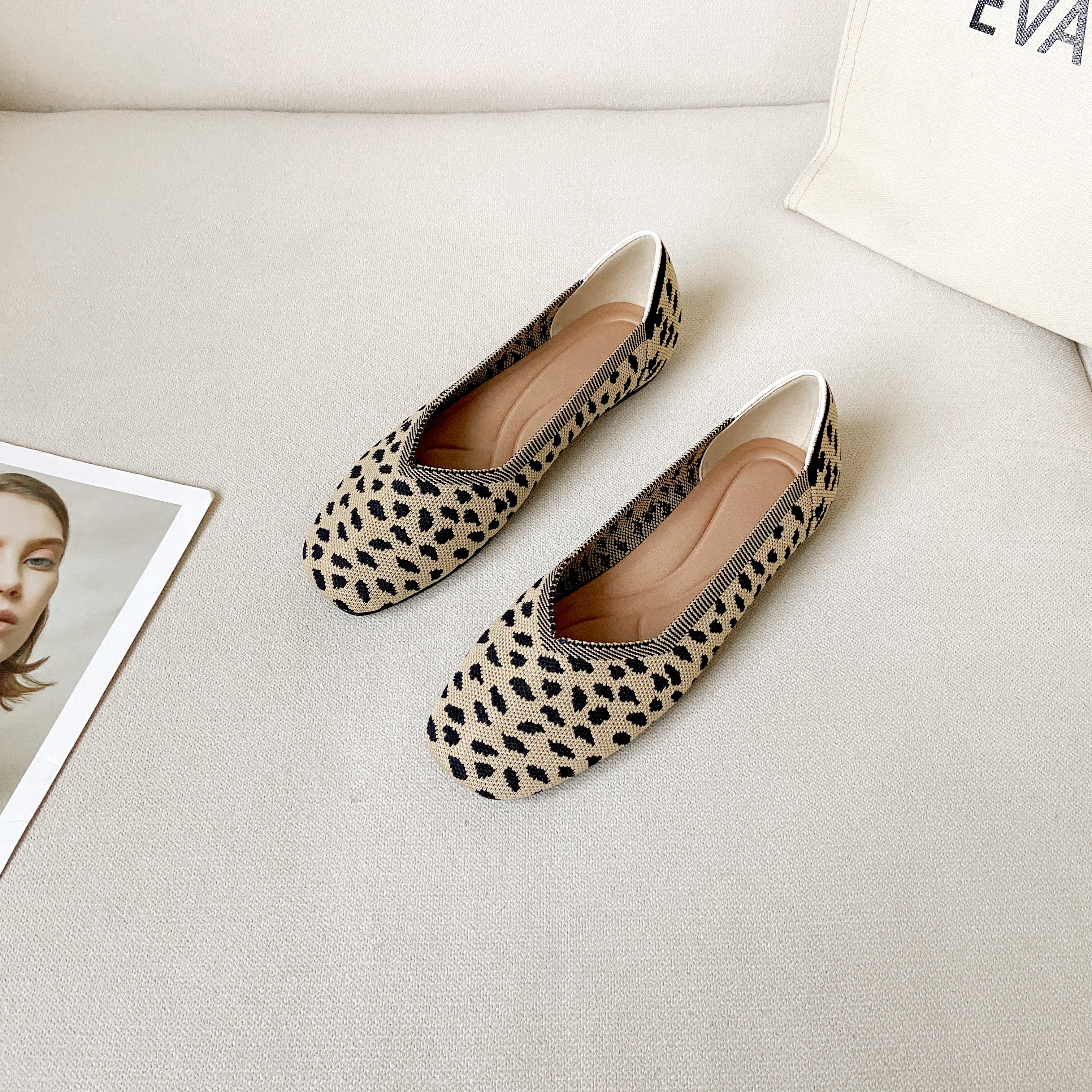 スクエアトゥ フラットシューズ 3Dニット カジュアルシューズ