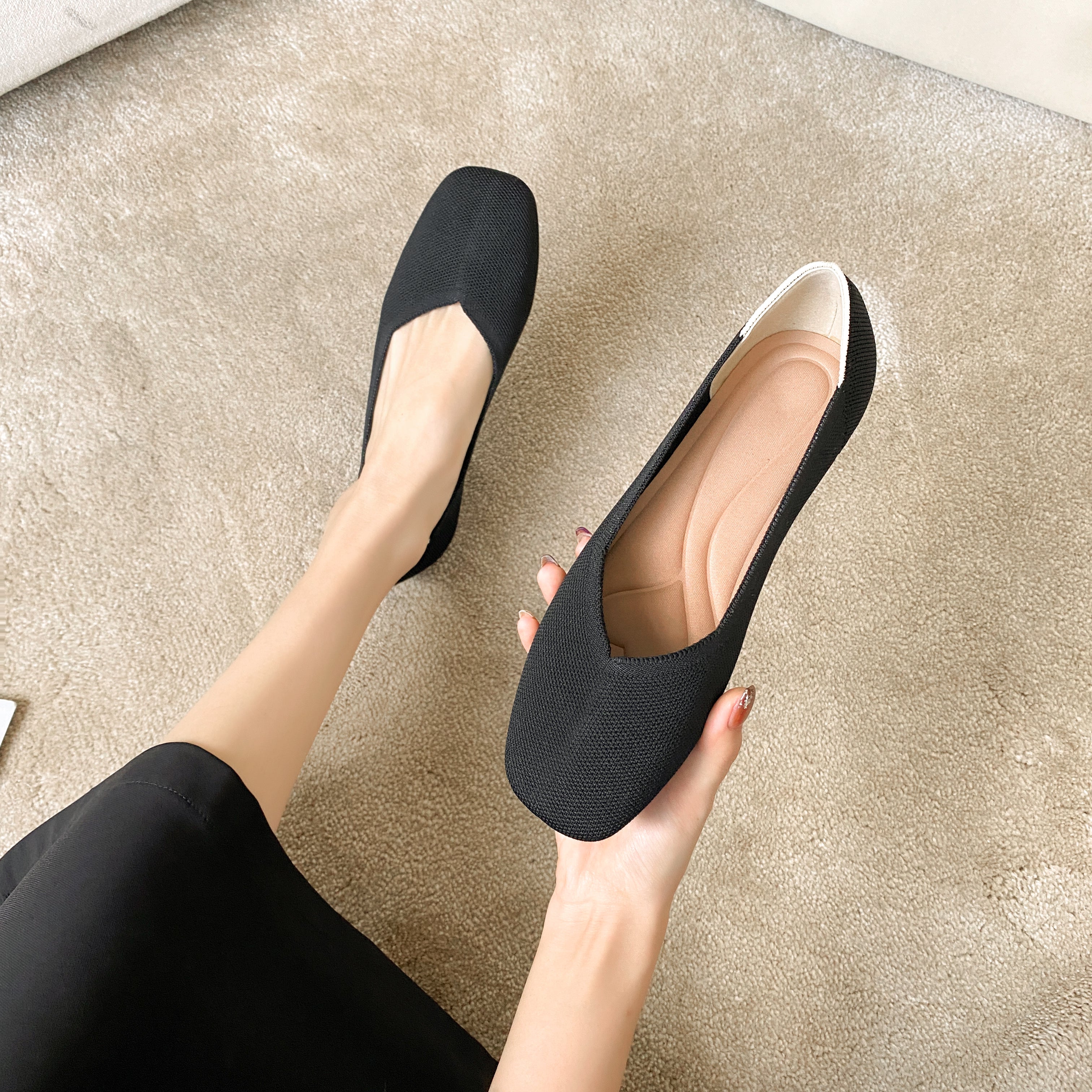 スクエアトゥ フラットシューズ 3Dニット カジュアルシューズ