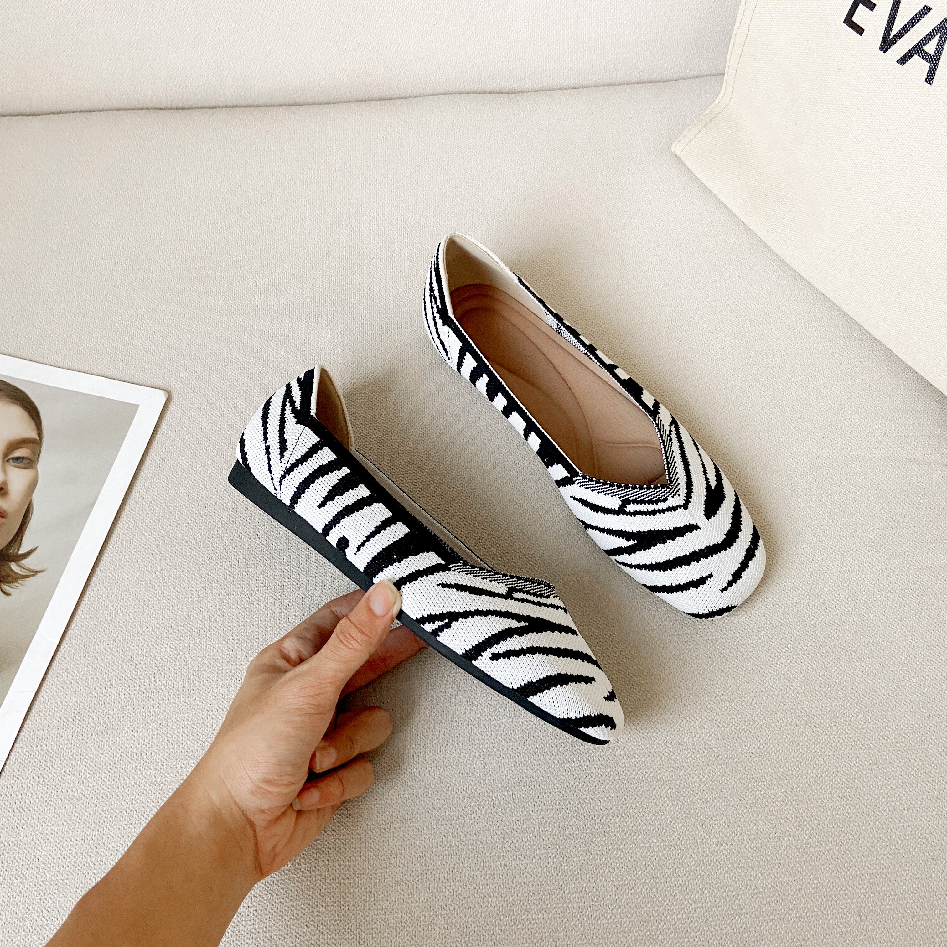 スクエアトゥ フラットシューズ 3Dニット カジュアルシューズ