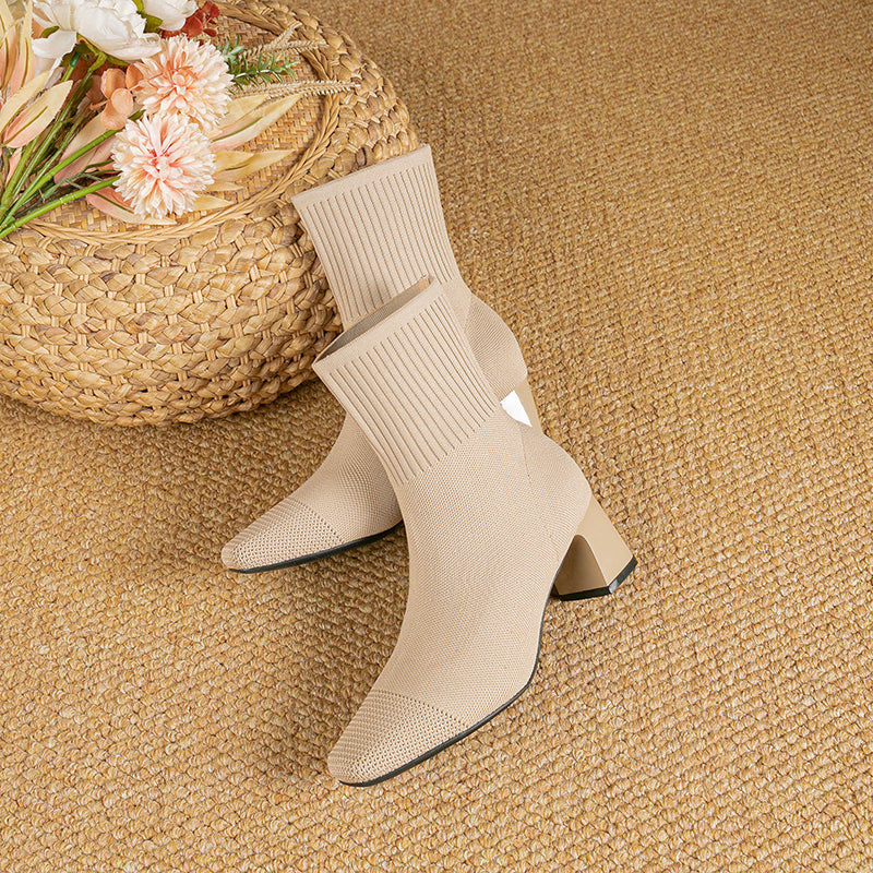 スクエアトゥ太ヒールニットソックスブーツ ショートブーツ
