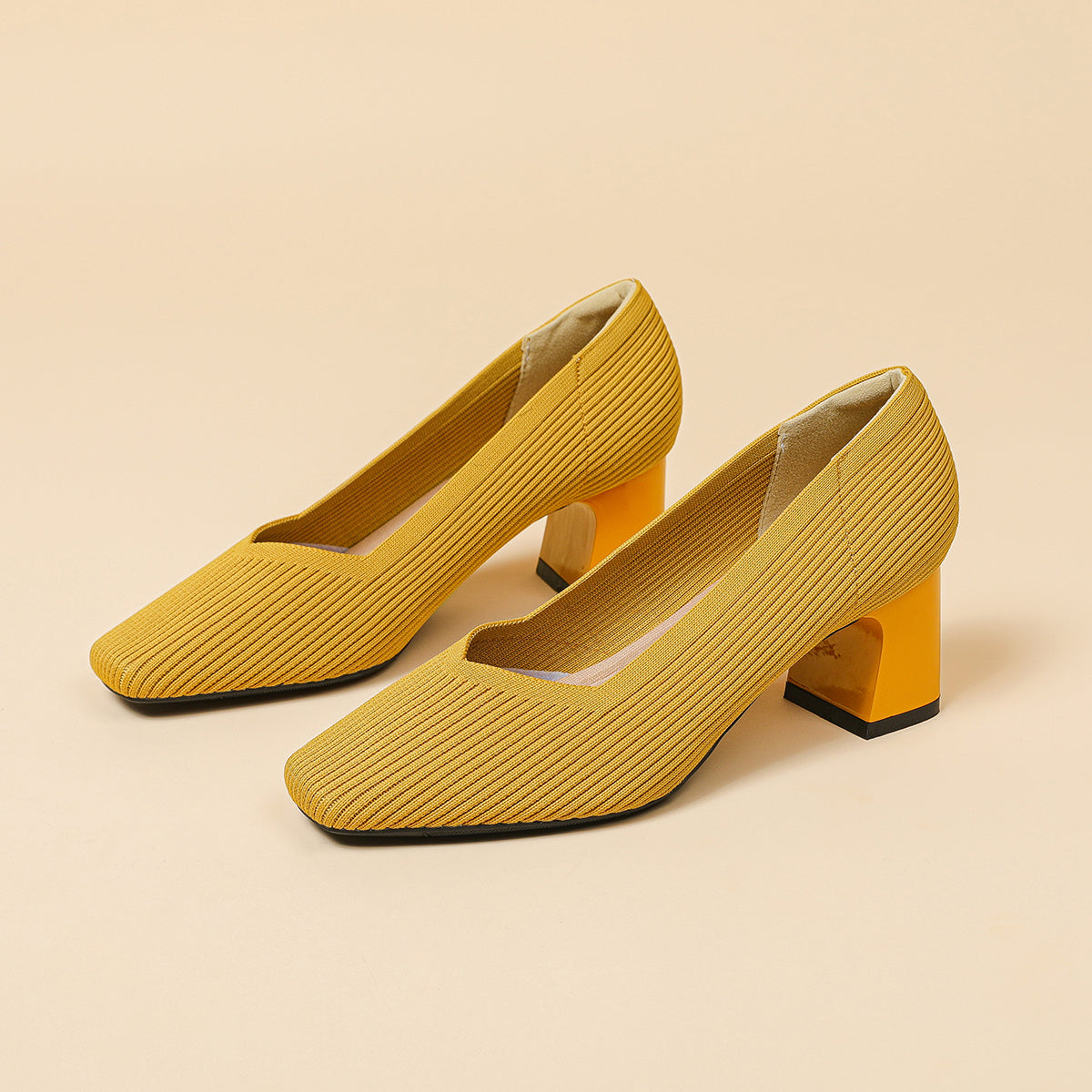 スクエアトゥVカット粗ヒールパンプス(6cmハイヒール)