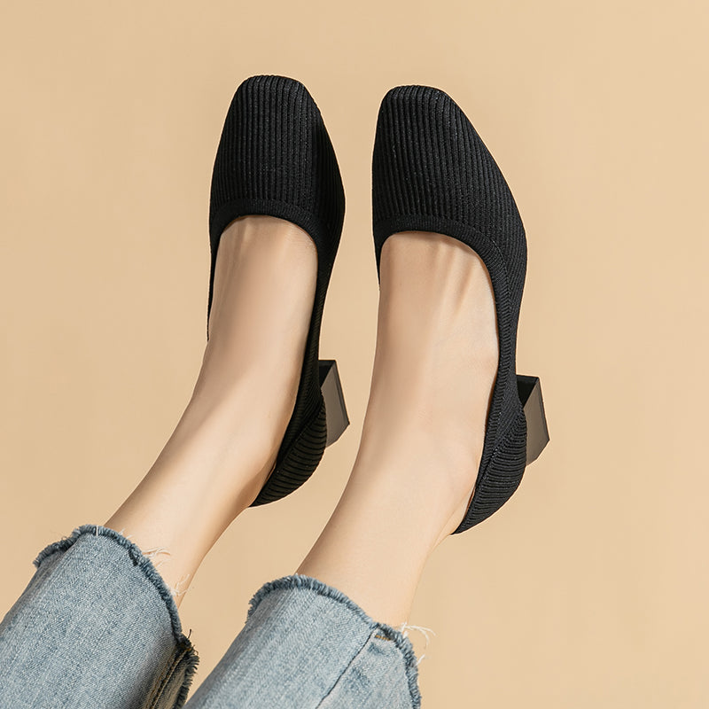 方頭王妃シューズ 太ヒールパンプス 4cmミドルヒール