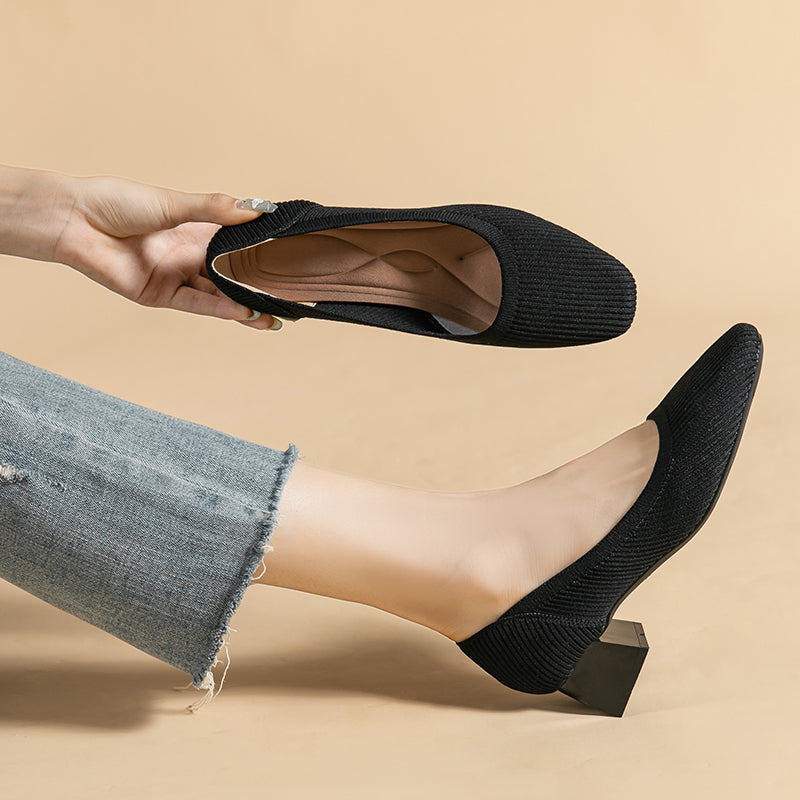 方頭王妃シューズ 太ヒールパンプス 4cmミドルヒール