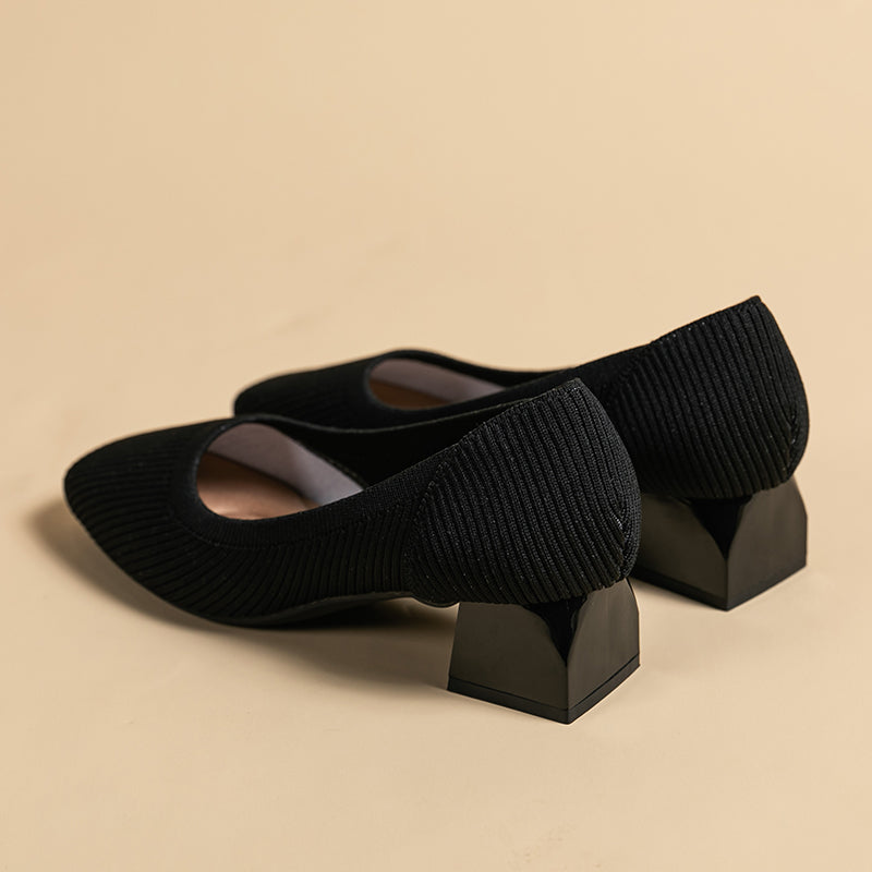 方頭王妃シューズ 太ヒールパンプス 4cmミドルヒール