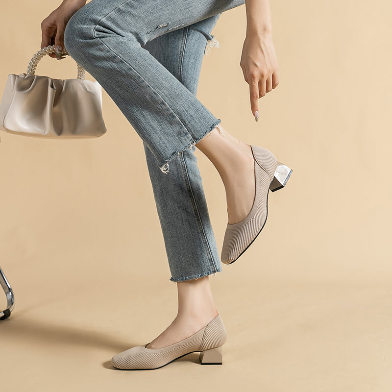 方頭王妃シューズ 太ヒールパンプス 4cmミドルヒール