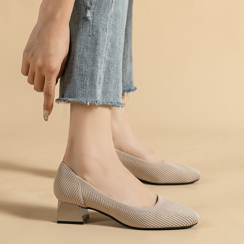 方頭王妃シューズ 太ヒールパンプス 4cmミドルヒール