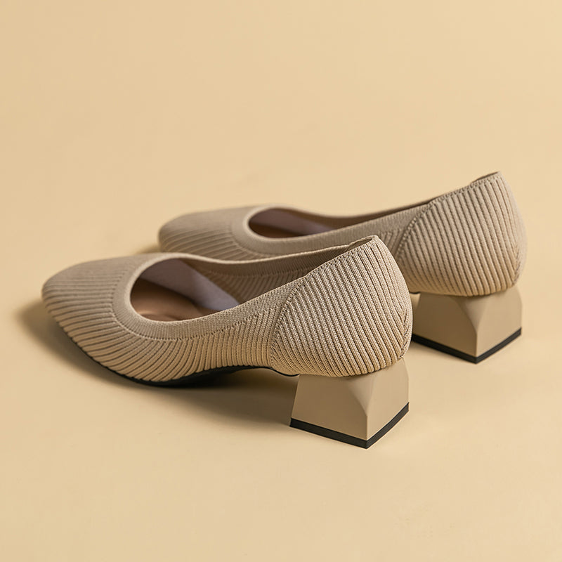 方頭王妃シューズ 太ヒールパンプス 4cmミドルヒール