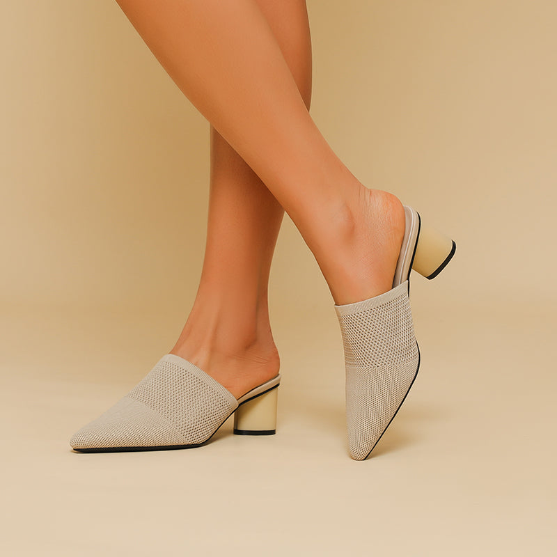 レディース 深口ポインテッドトゥ ミュールサンダル チャンキーヒール