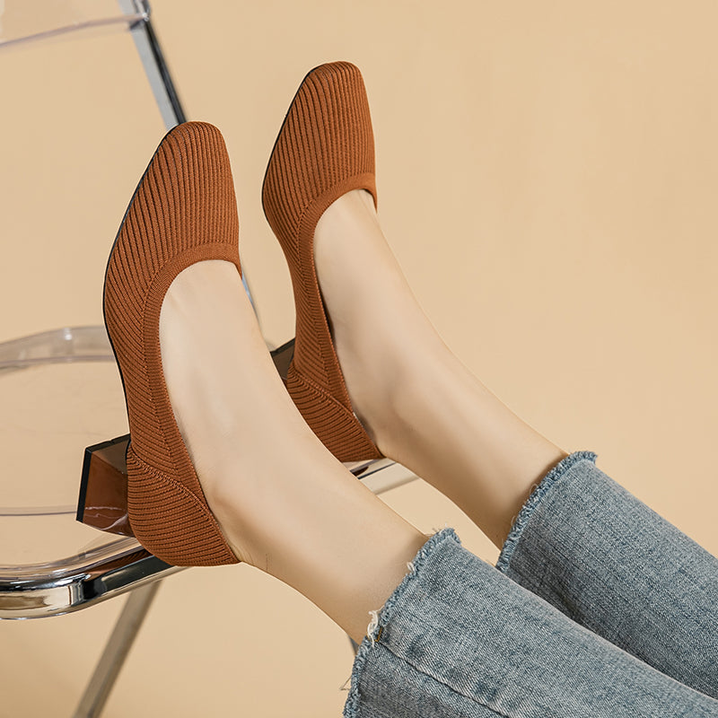 方頭王妃シューズ 太ヒールパンプス 4cmミドルヒール