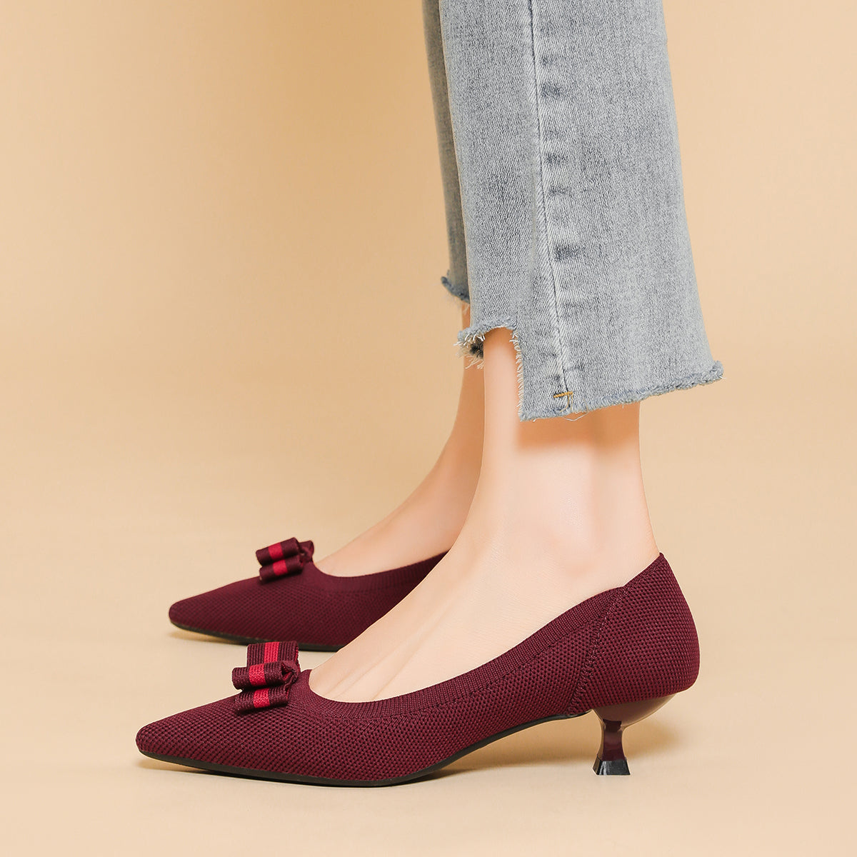 リボン付き 4cmキトゥンヒール パンプス