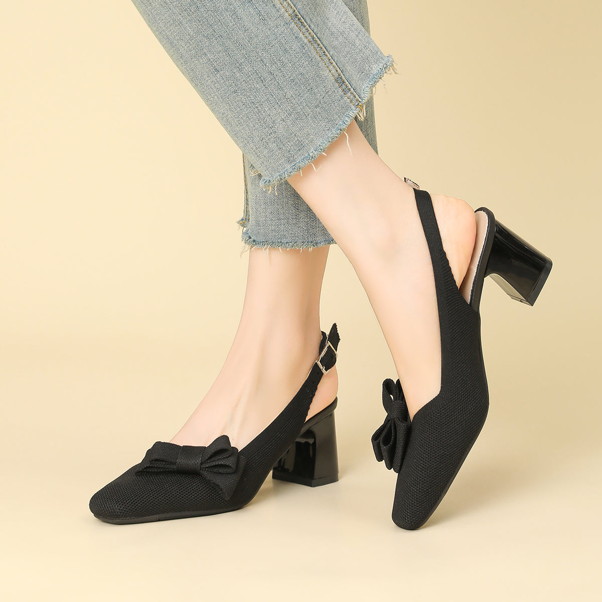 スクエアトゥ 蝶結び付き 太ヒール サンダル レディース