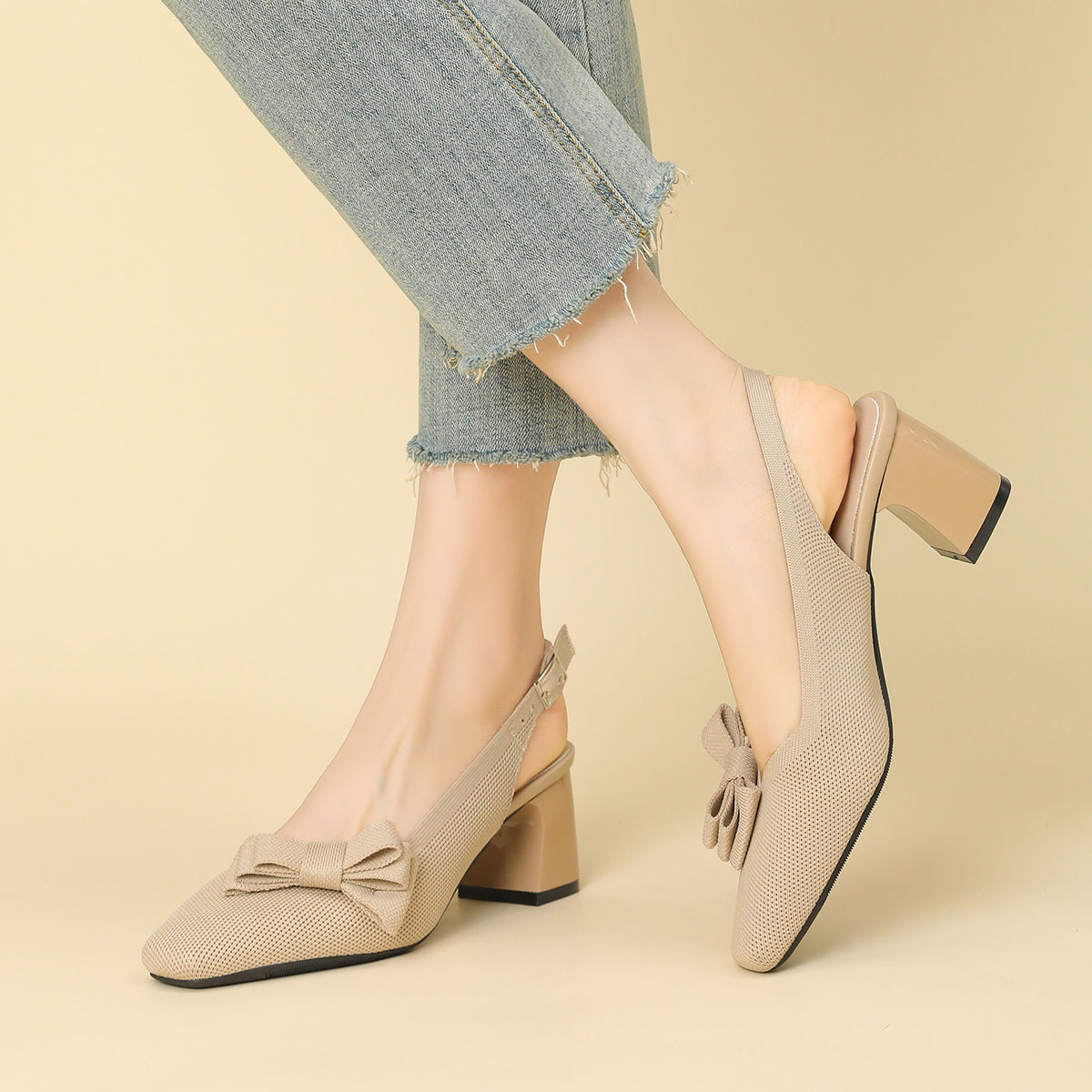 スクエアトゥ 蝶結び付き 太ヒール サンダル レディース