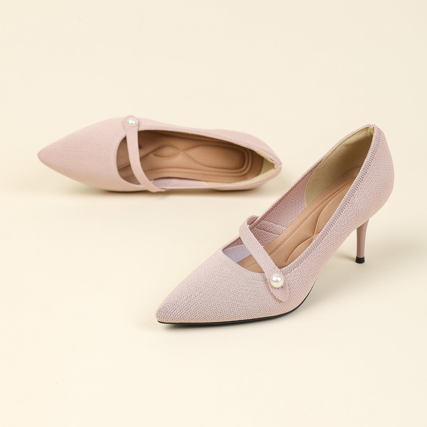 尖頭リボン付き斜めストラップパンプス 7cmヒール