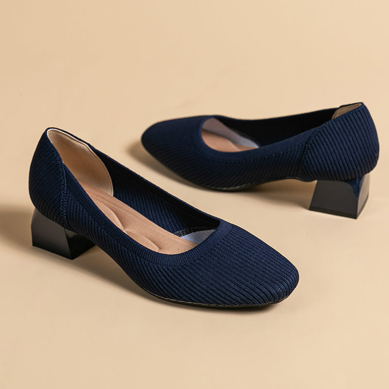 方頭王妃シューズ 太ヒールパンプス 4cmミドルヒール