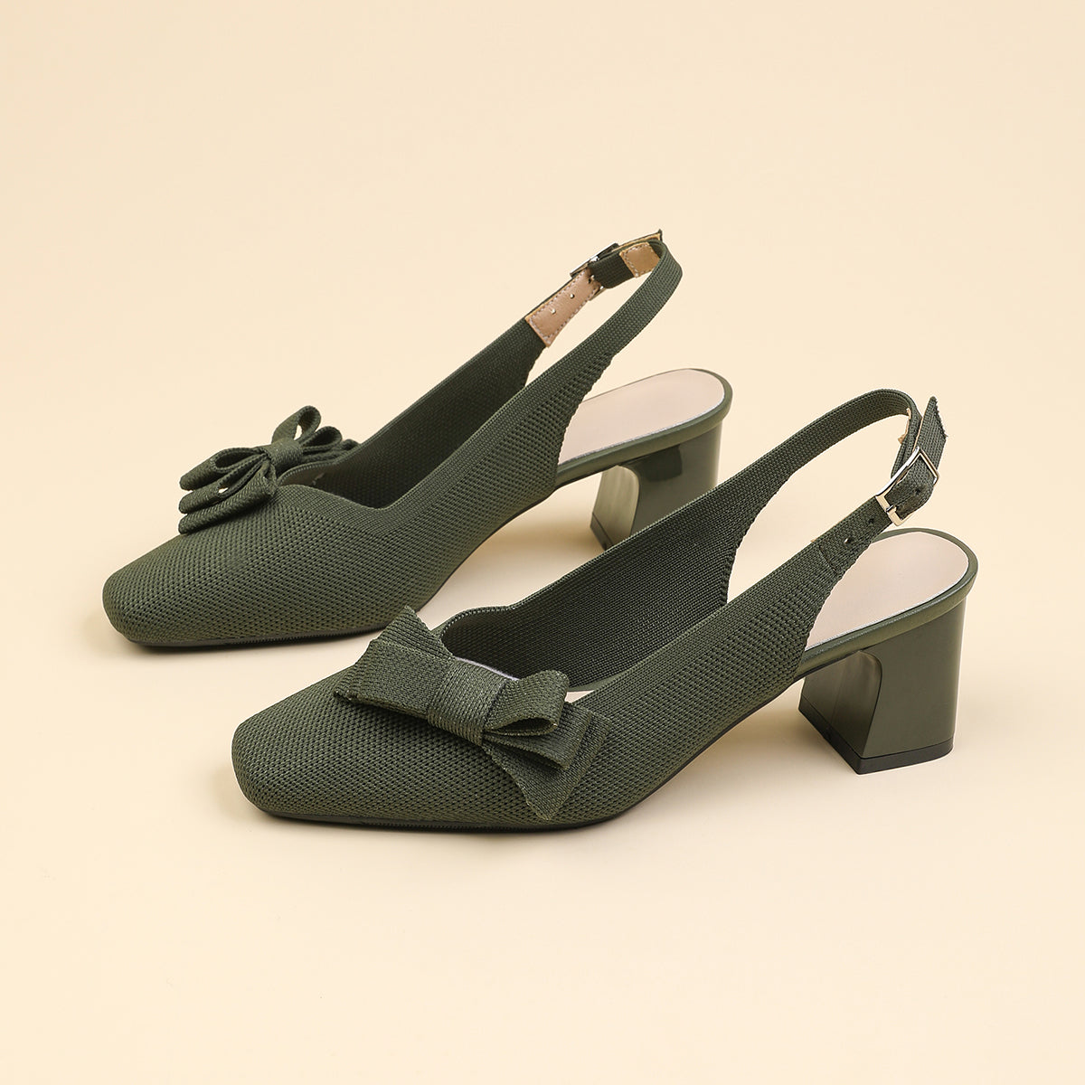 スクエアトゥ 蝶結び付き 太ヒール サンダル レディース