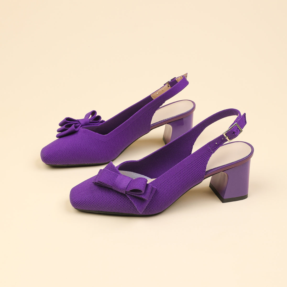スクエアトゥ 蝶結び付き 太ヒール サンダル レディース