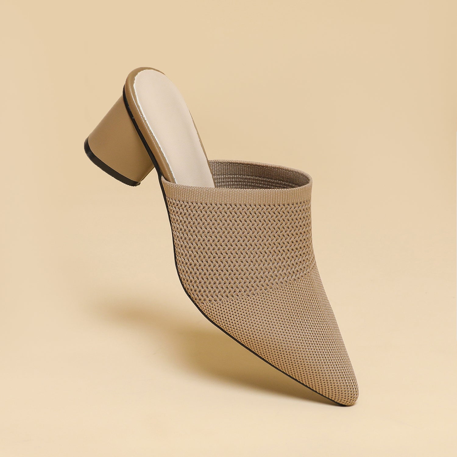 レディース 深口ポインテッドトゥ ミュールサンダル チャンキーヒール