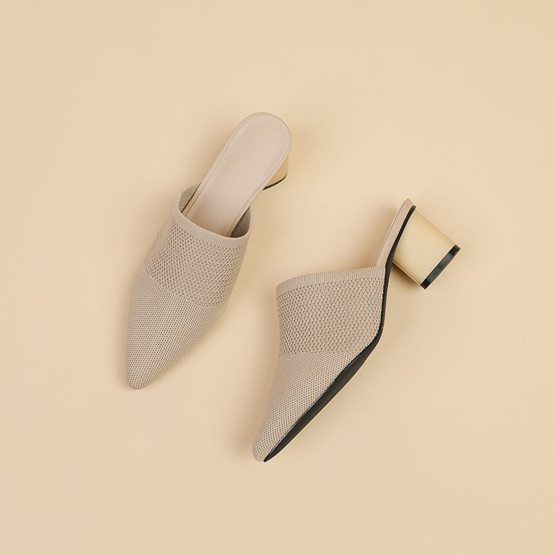 レディース 深口ポインテッドトゥ ミュールサンダル チャンキーヒール