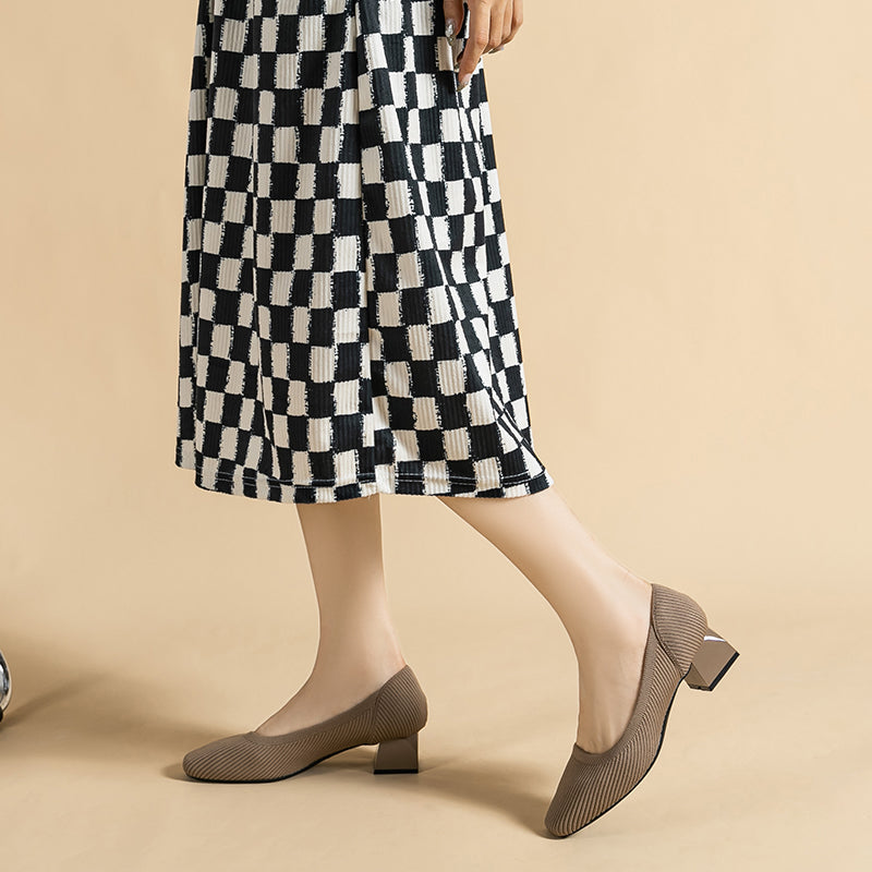 方頭王妃シューズ 太ヒールパンプス 4cmミドルヒール