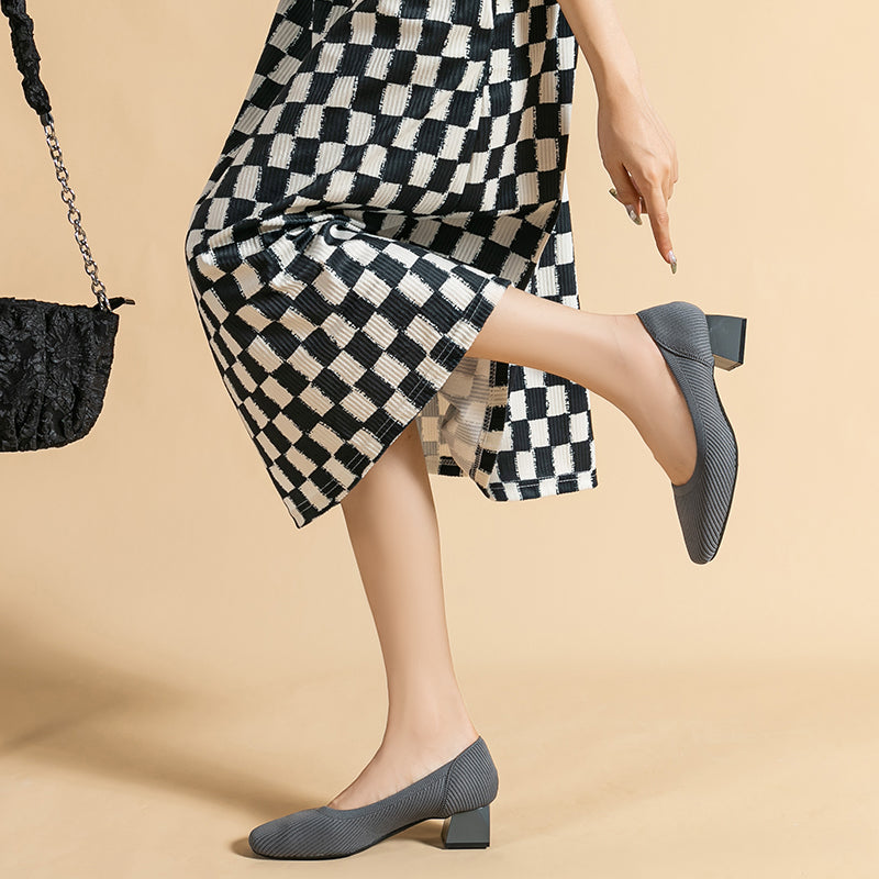 方頭王妃シューズ 太ヒールパンプス 4cmミドルヒール