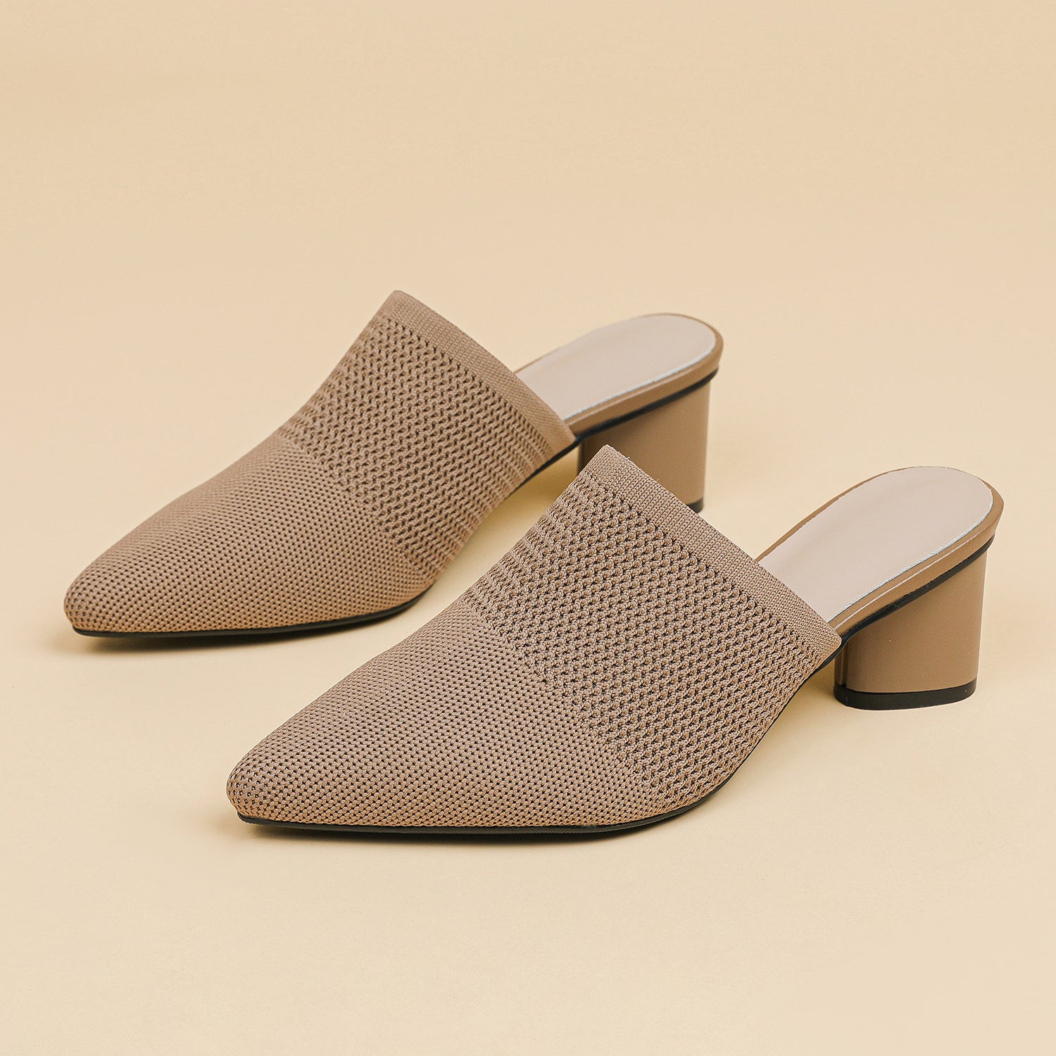 レディース 深口ポインテッドトゥ ミュールサンダル チャンキーヒール