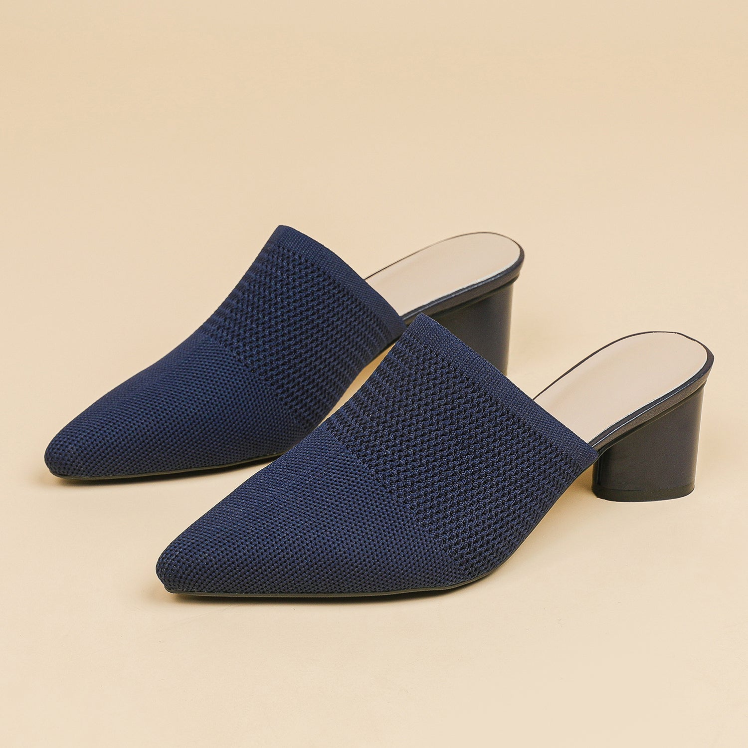 レディース 深口ポインテッドトゥ ミュールサンダル チャンキーヒール