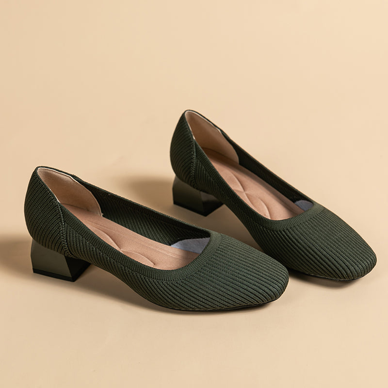 方頭王妃シューズ 太ヒールパンプス 4cmミドルヒール