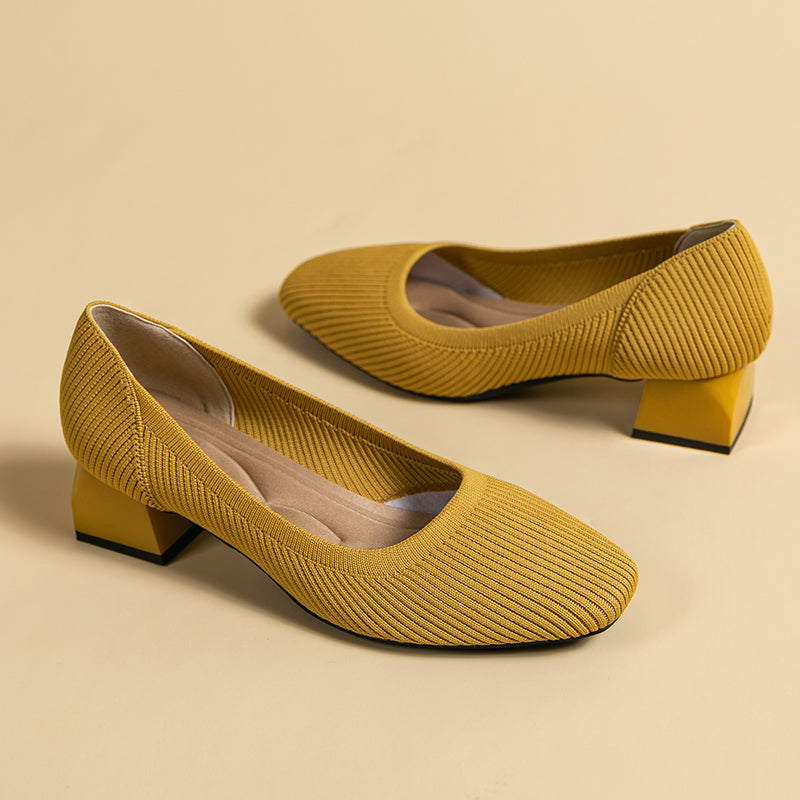 方頭王妃シューズ 太ヒールパンプス 4cmミドルヒール