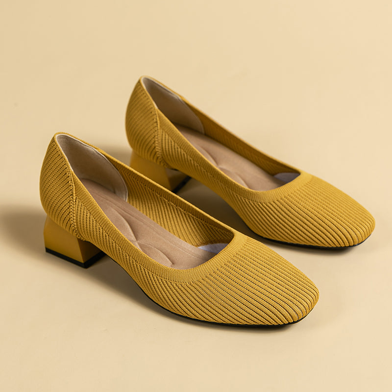 方頭王妃シューズ 太ヒールパンプス 4cmミドルヒール