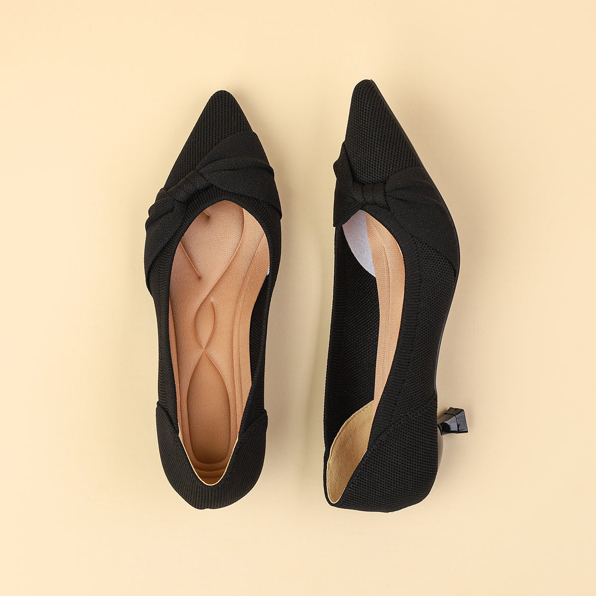 リボン付き ポインテッドトゥ キトゥンヒールパンプス レディース